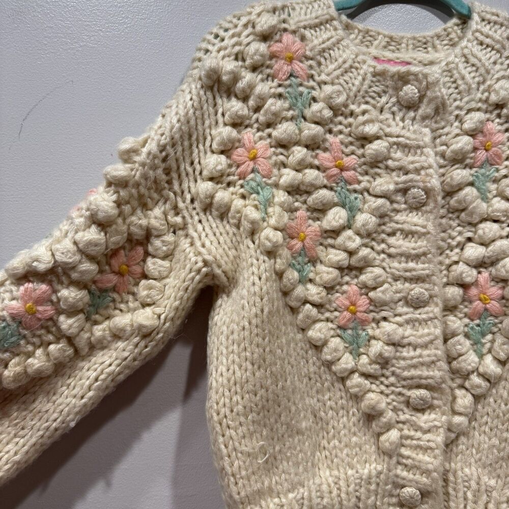 Sugar Thrillz Cardigan Sweater Chunky Knit Floral Cream Cottagecore Women Medium - Picture 6 of 8